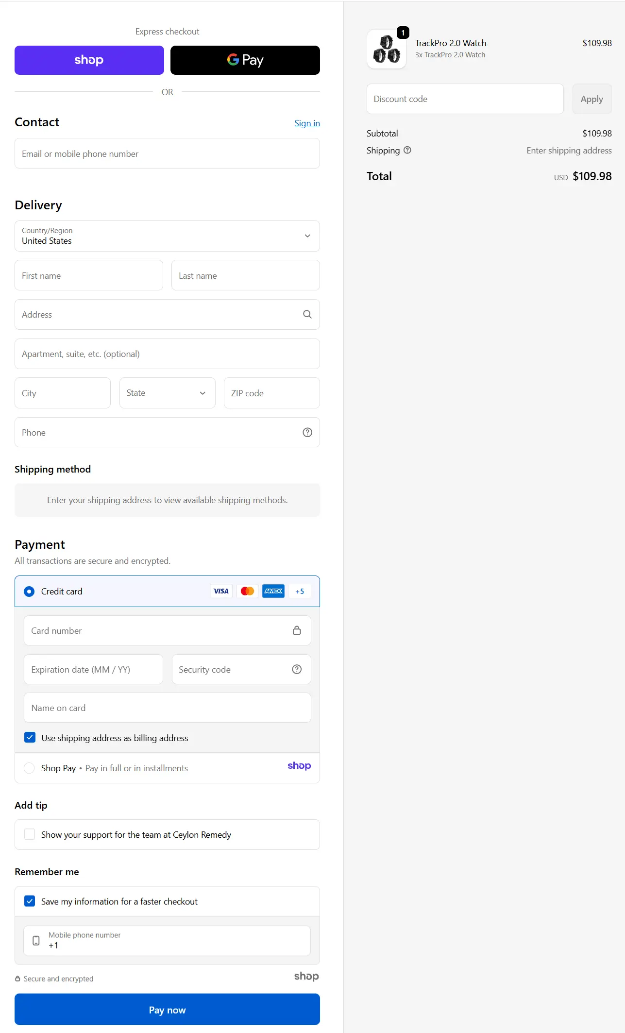 Sherum TrackPro 2.0 secure checkout page
